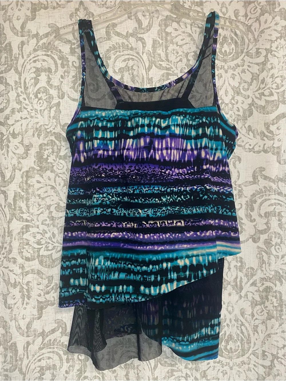 Miraclesuit Cat Bayou Mirage High Neck Mesh Animal Print Purple Black 14DD FLAW